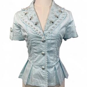 Vintage Baby Blue Pearl Beaded Lace Cotton Blouse Y2K